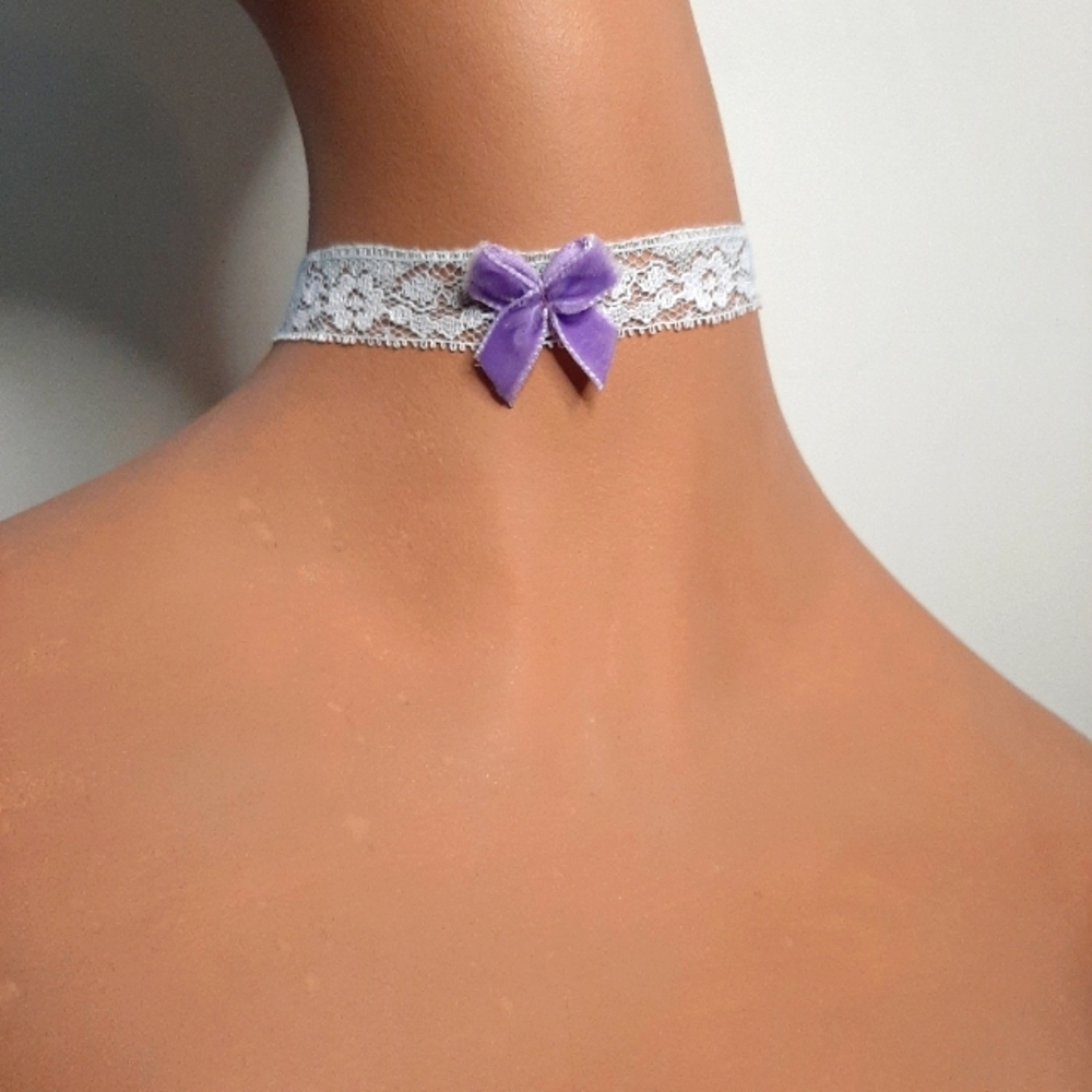 Very Baby Blue and White Lace Choker with Lavender Purple Velvet Bow.